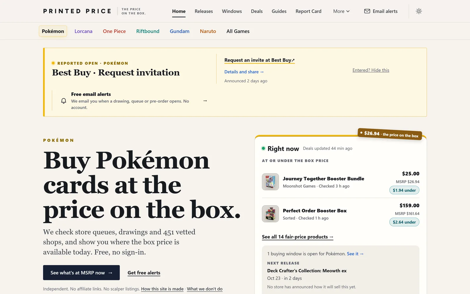 PrintedPrice.com homepage showing fair-price products and an open buying window