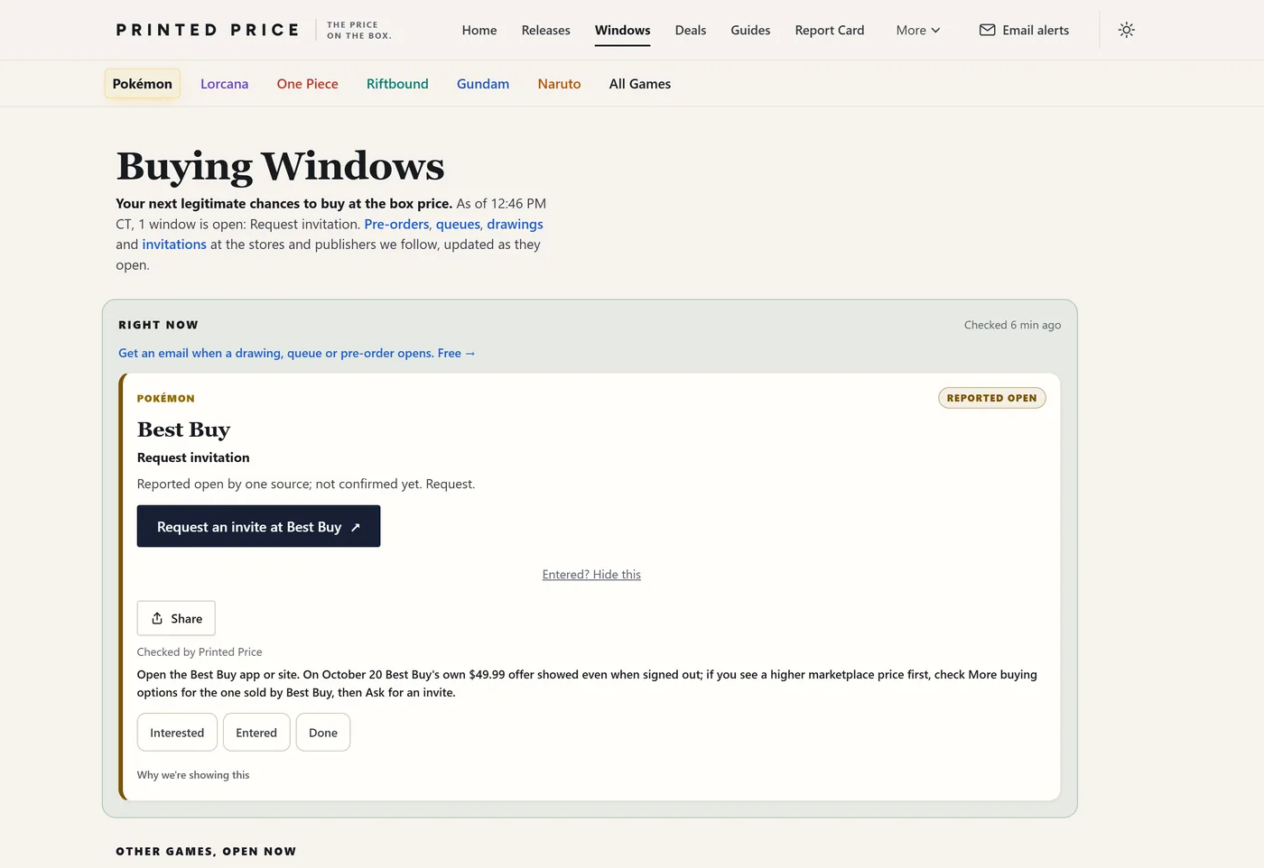 Buying windows page showing an open retailer invitation
